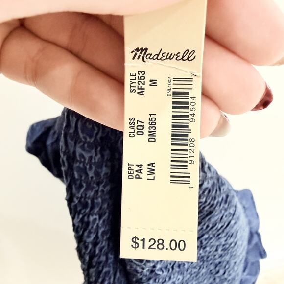 Madewell Indigo Ruffle Neck Smocked Babydoll Dress Lalaine Wash Size M NWT - Picture 7 of 7